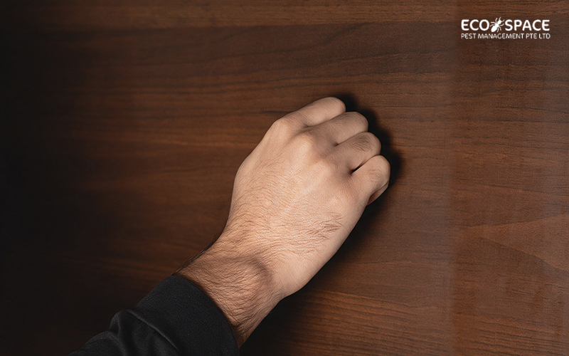 Hand knocking on wood panel wall