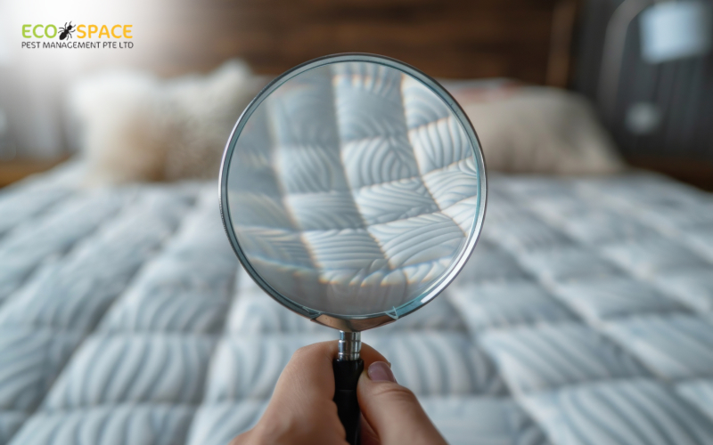 Magnifying glass inspecting mattress for bed bugs or dust mites