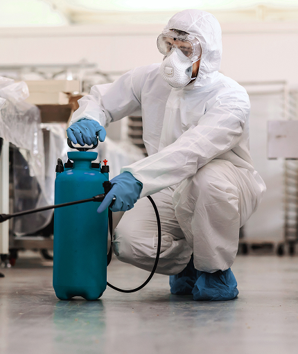 worker protective uniform with mask rubber gloves crouching spraying with disinfectant food factory corona outbreak concept