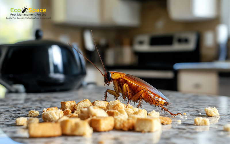 Cockroach on kitchen counter near food crumbs.