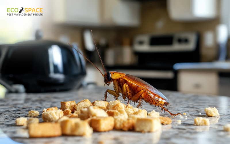 Cockroach on kitchen counter near food crumbs