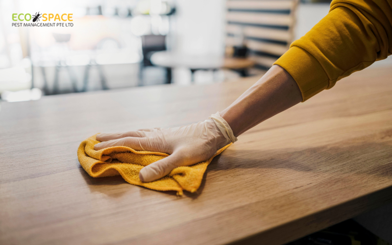Person in gloves cleaning a wooden table with a cloth