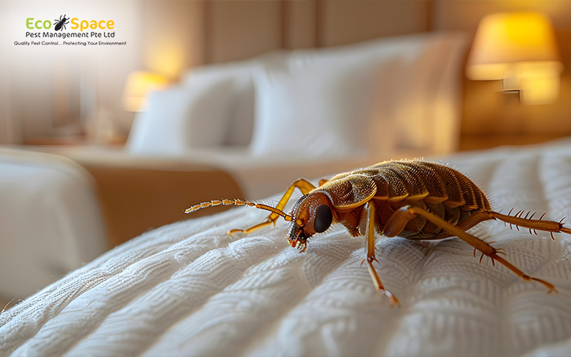 Cockroach crawling on a clean bed