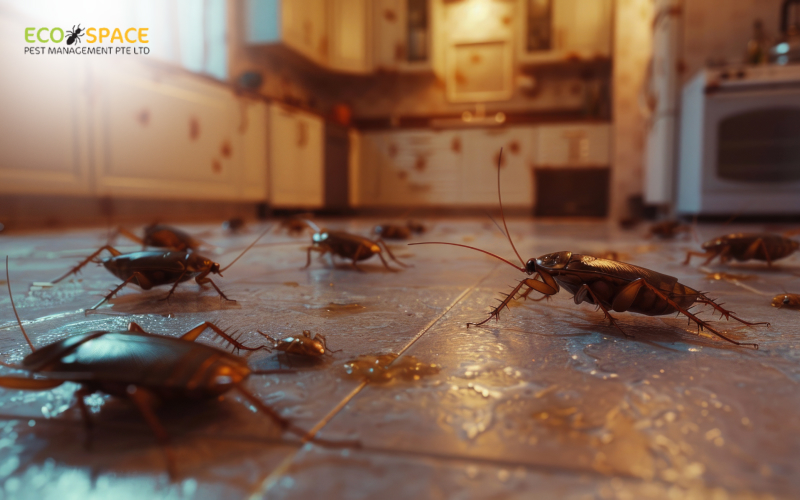 Cockroaches infesting a kitchen floor